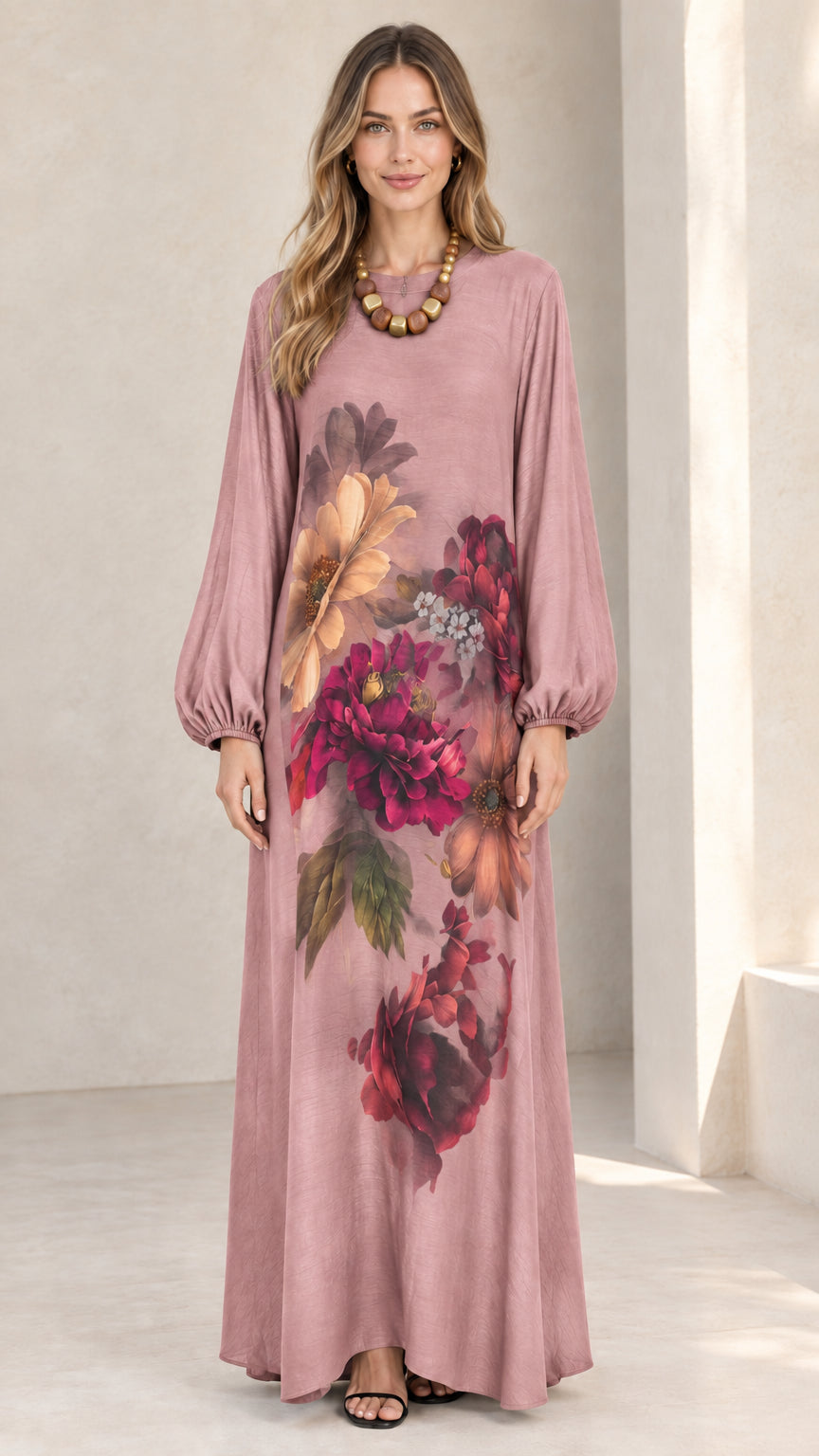 Dusty pink floral print balloon sleeve maxi dress front view