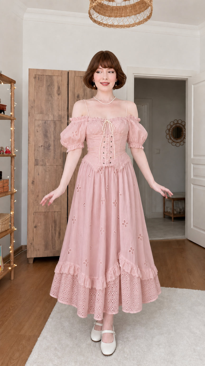 Woman wearing dusty pink cottagecore corset eyelet midi dress