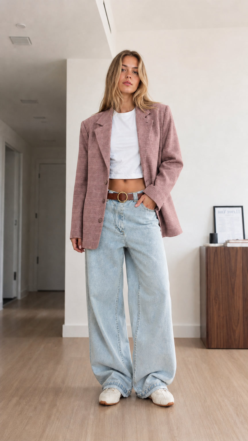 Model wearing dusty rose plaid boyfriend blazer