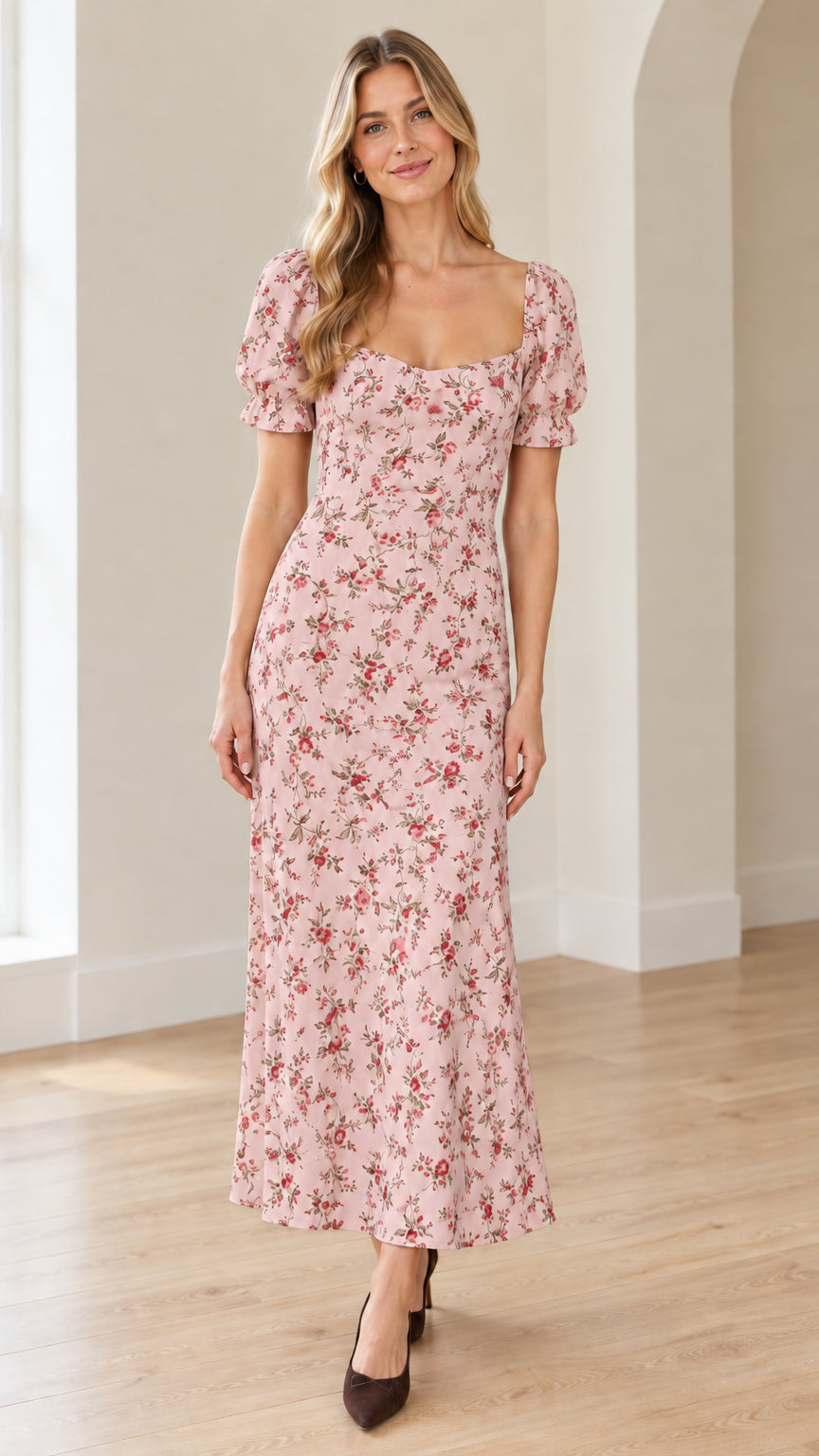 Pink floral sweetheart puff sleeve maxi dress front view on model