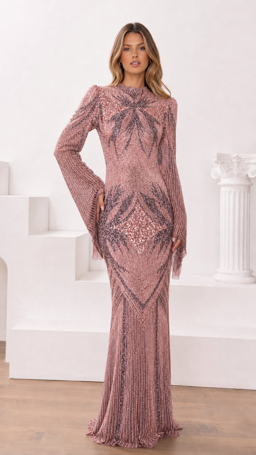Dusty Rose geometric beaded long sleeve evening gown