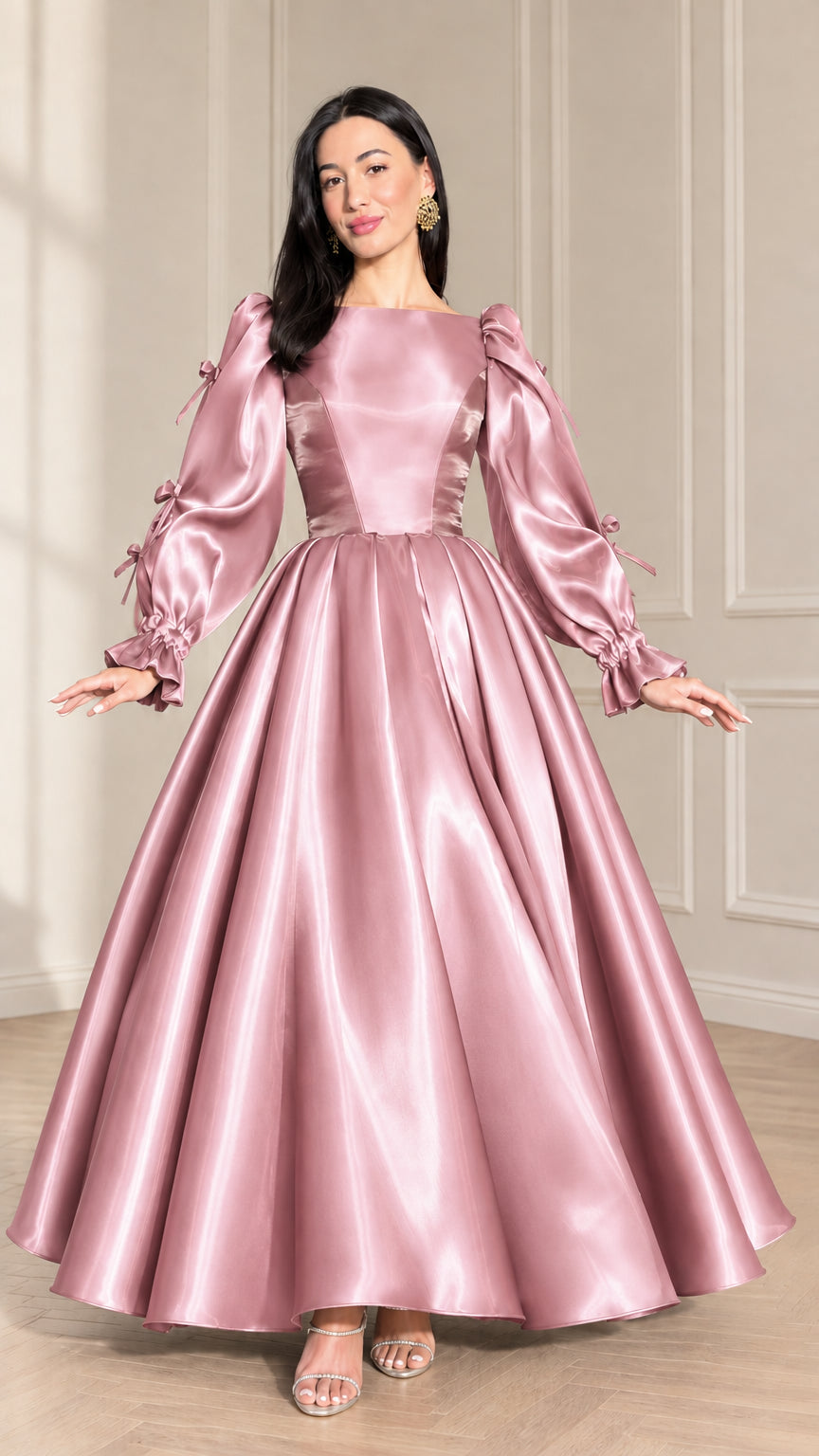 Front full-length view of dusty rose pink satin ball gown with puff sleeves