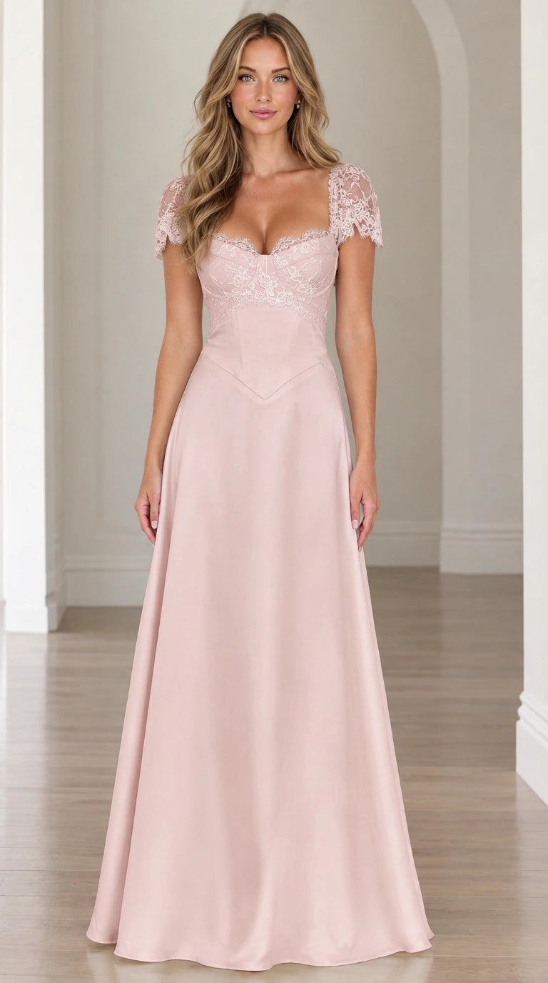 Front view of blush pink monochrome lace sweetheart basque waist formal maxi dress
