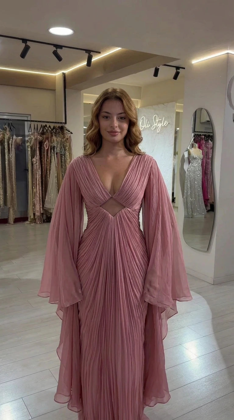Full front view of dusty pink pleated cape sleeve maxi formal dress