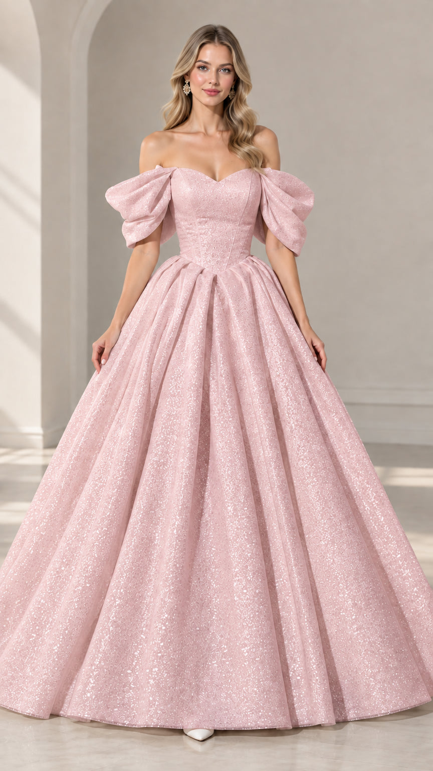 Full-length view of model in blush pink off-shoulder shimmering ball gown