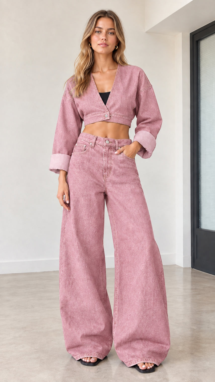 Model wearing dusty pink cropped denim jacket and matching wide-leg jeans set