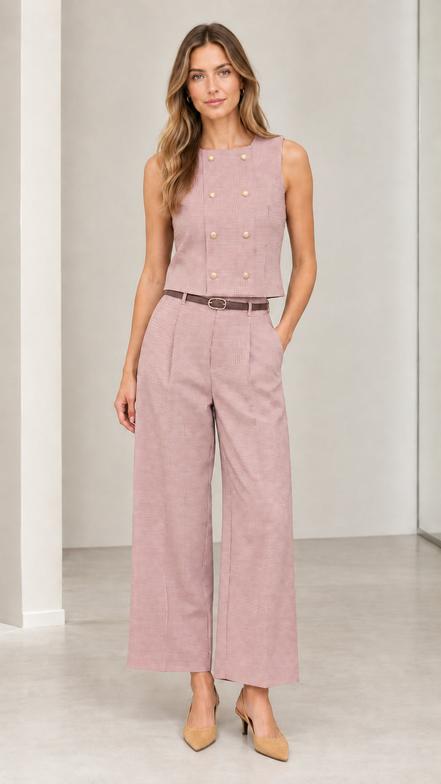 Front full-length view of model wearing dusty pink sleeveless vest and wide-leg trousers two-piece set