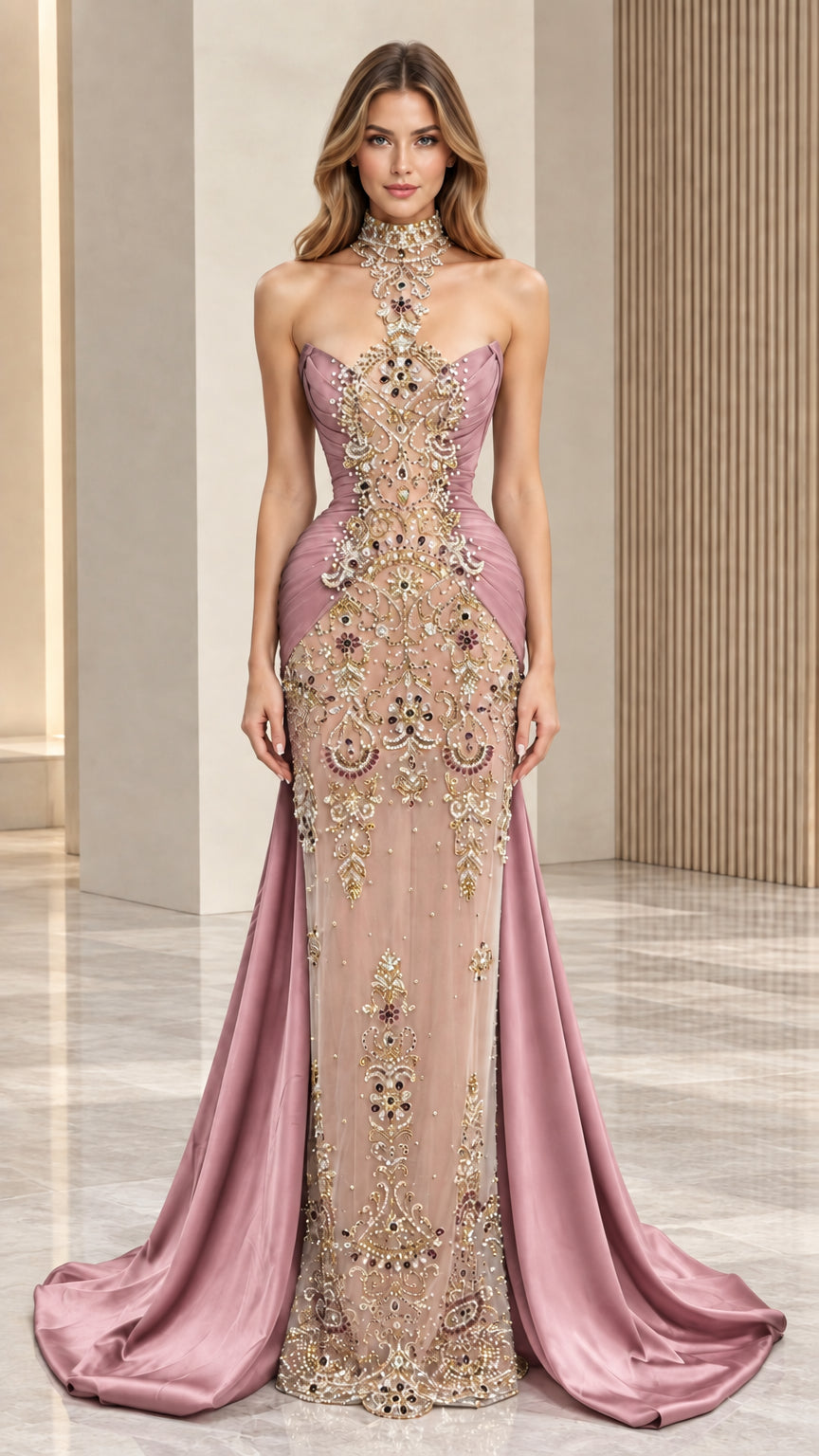 Dusty rose embellished high-neck mermaid evening gown with draped train