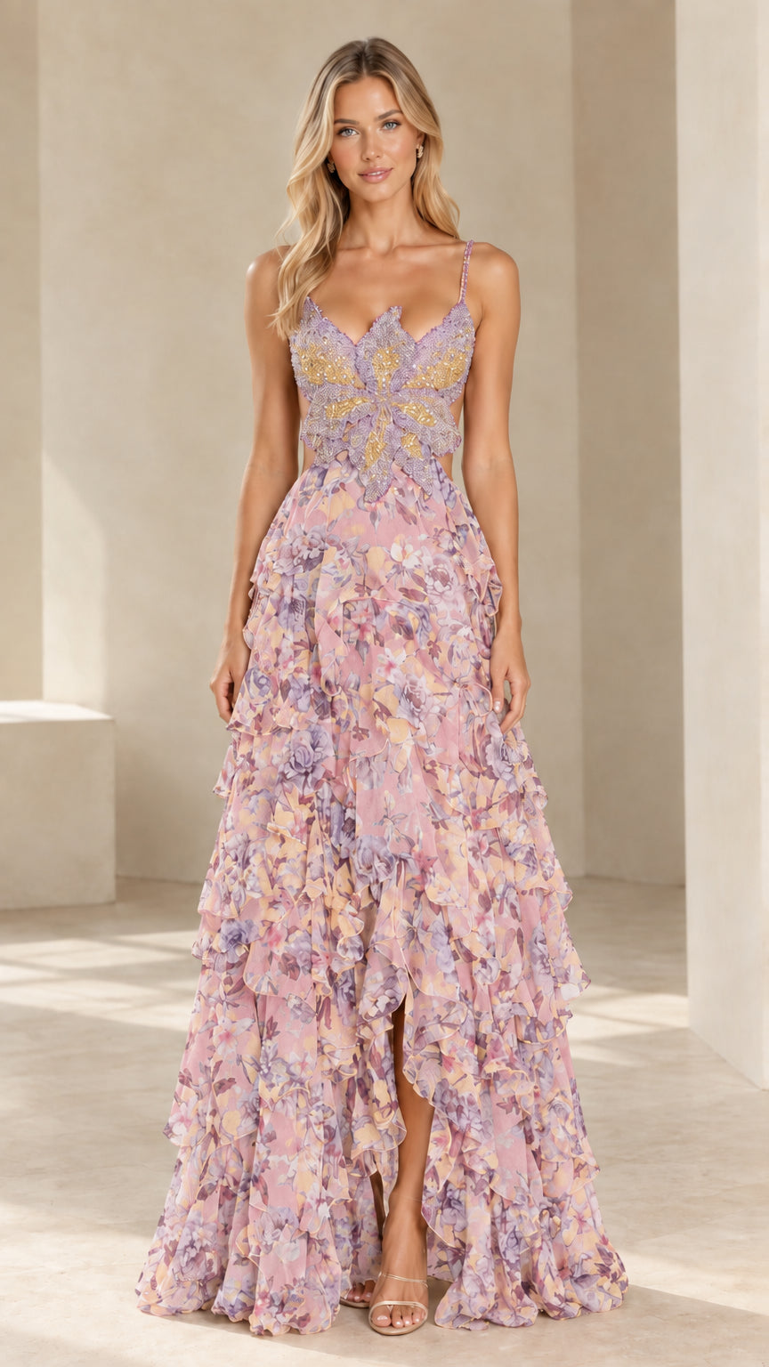 Front view of model wearing pink floral beaded butterfly bodice tiered ruffle maxi dress