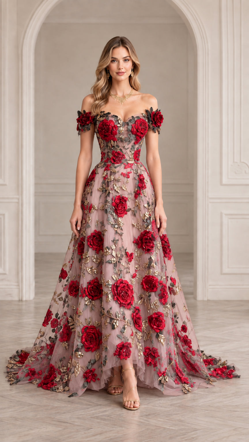 Blush pink off-shoulder ball gown with red 3D rose appliqués and gold embroidery