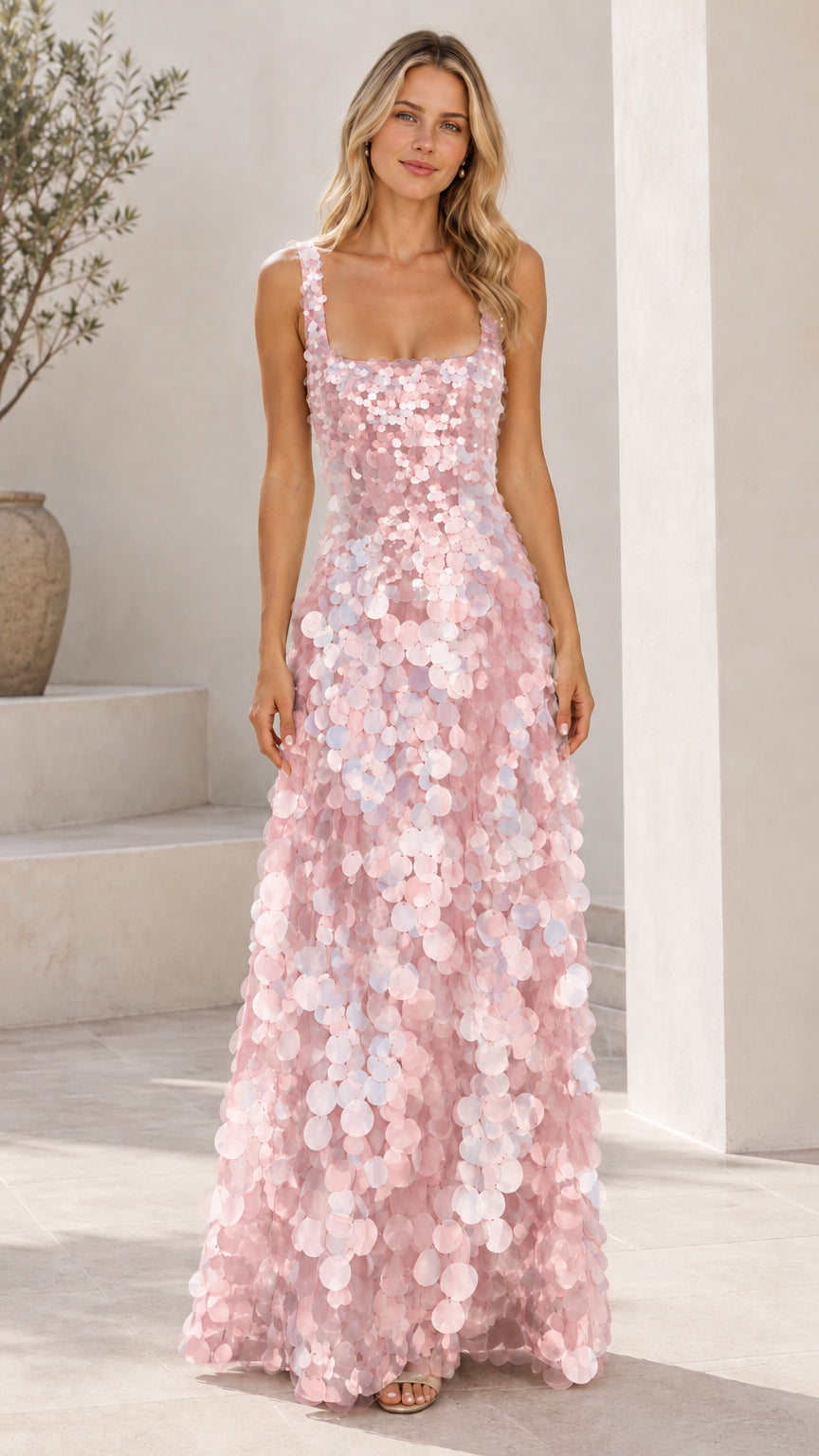 Blush pink square neck sleeveless shimmering paillette evening dress