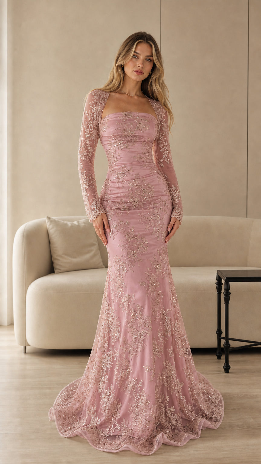 Dusty rose embroidered lace mermaid formal maxi dress with sheer shrug