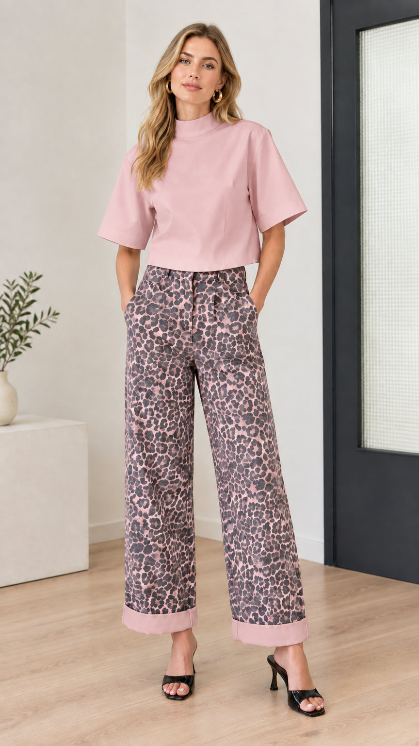 Model wearing dusty pink mock-neck top and matching pink printed wide-leg pants