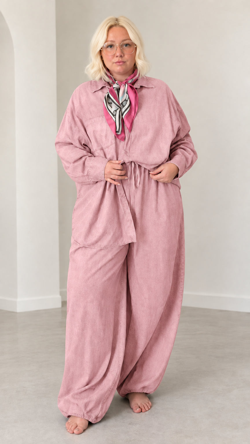 Front full-length view of model wearing Dusty Pink long-sleeve shirt and matching relaxed pants set