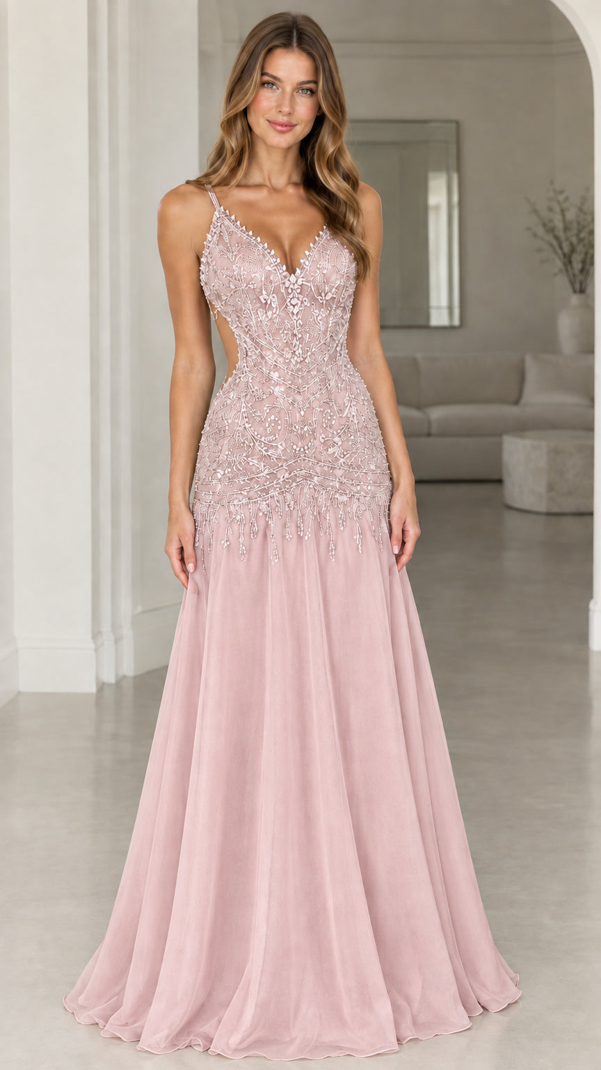 Front view of blush pink beaded bodice formal evening gown