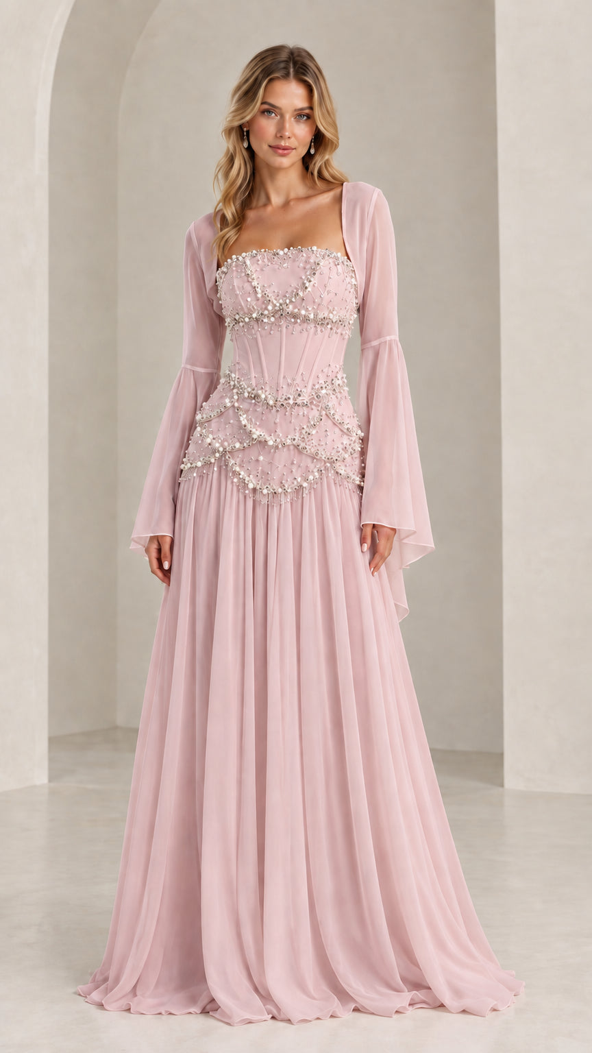 Blush pink pearl-beaded corset evening gown with matching bell sleeve shrug