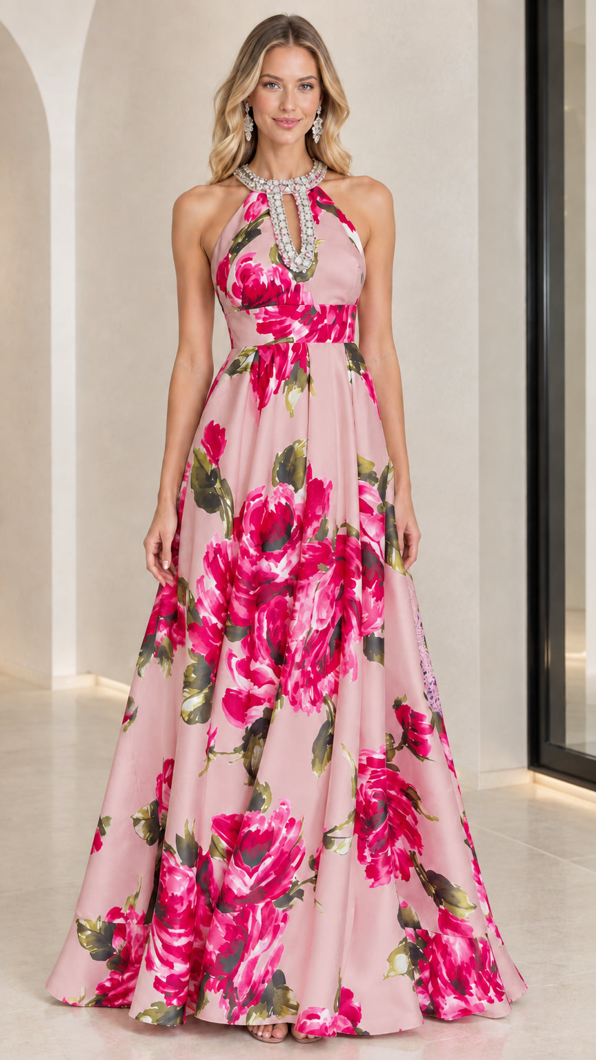 Full-length view of blush pink floral print halter A-line maxi gown