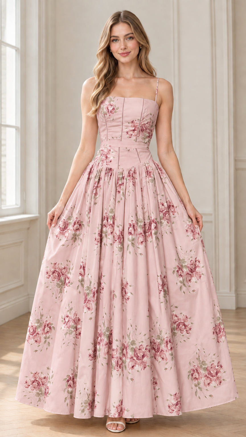 Full-length front view of model wearing blush pink floral corset maxi dress