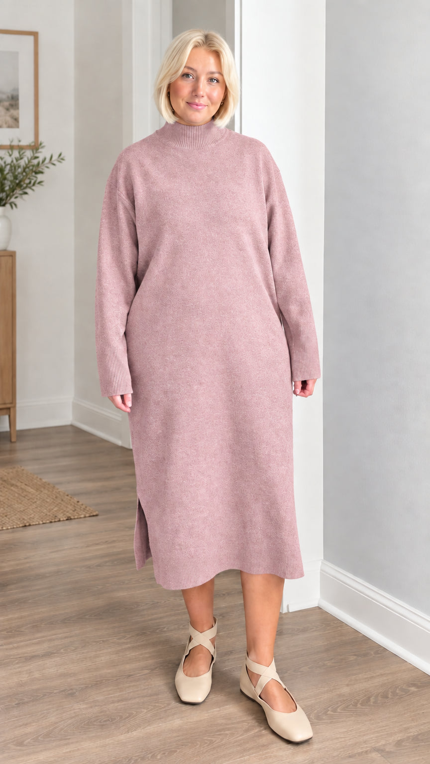 Front view of woman wearing dusty rose pink mock neck knit midi sweater dress