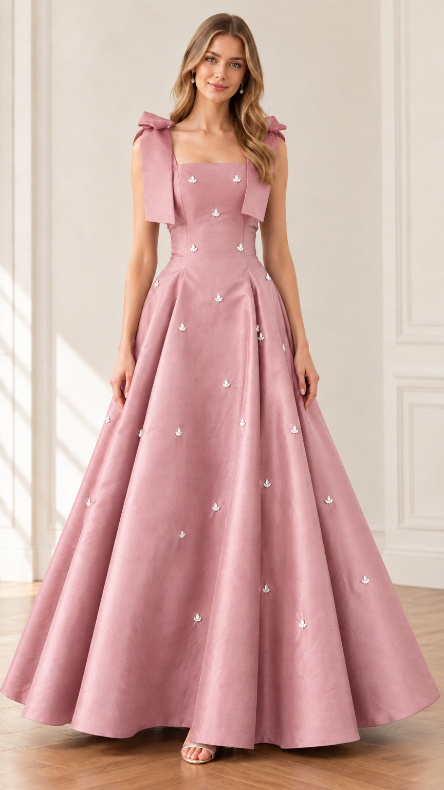 Front full view of woman wearing dusty pink crystal embellished A-line ball gown evening dress