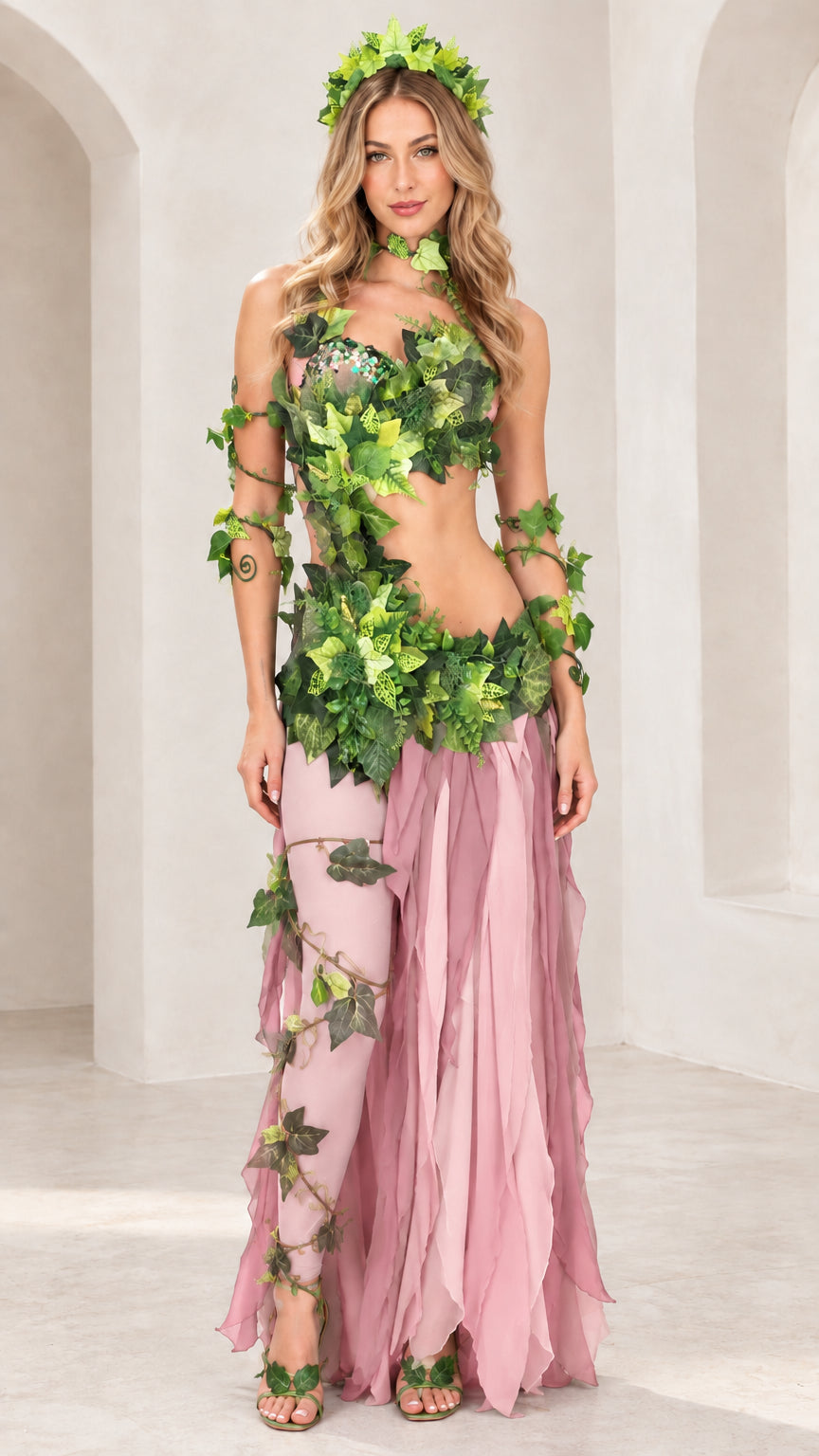 Full-length front view of the ivy leaf costume set in pink