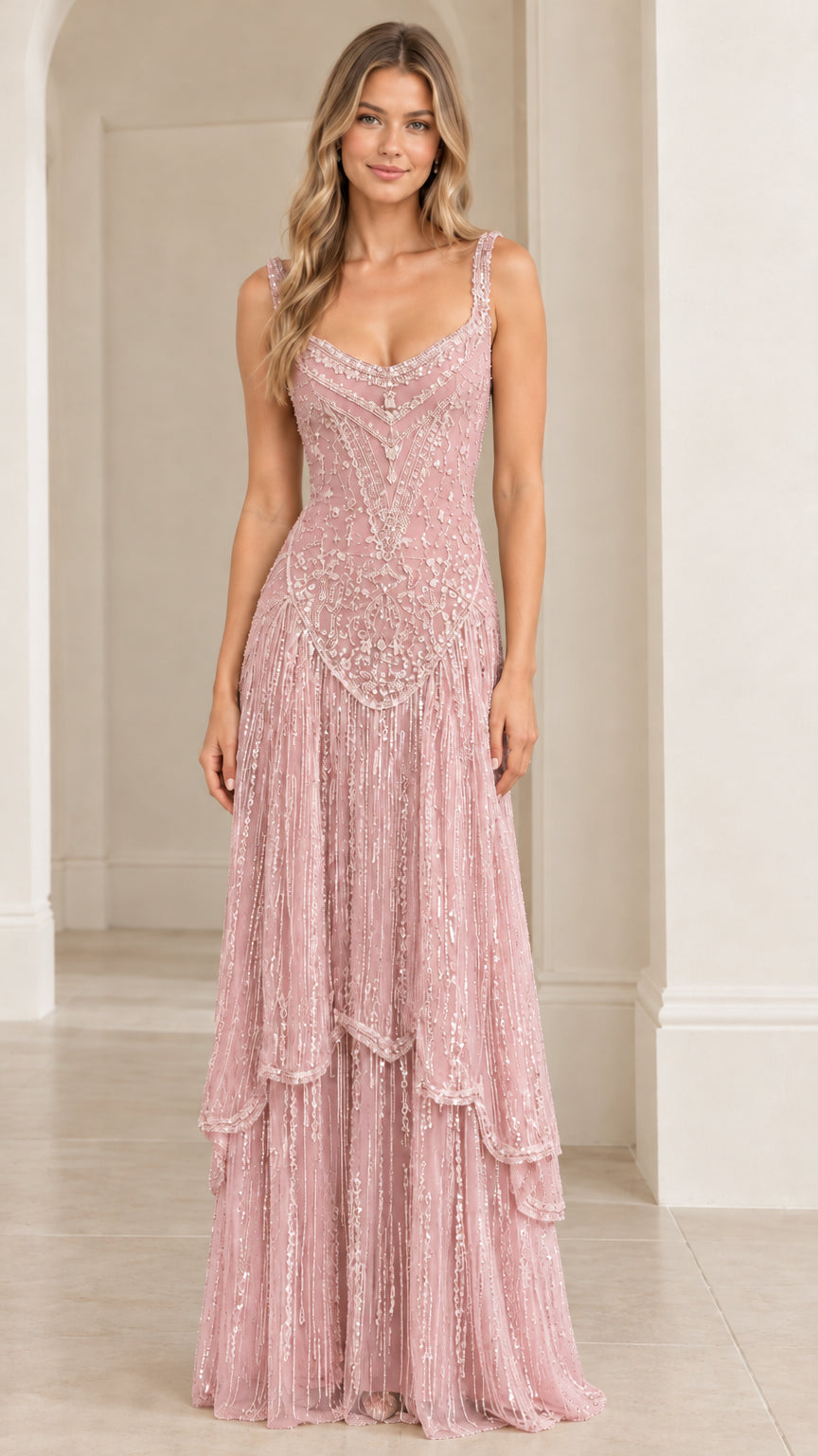 Front view of model wearing Blush Pink beaded scoop neck maxi gown