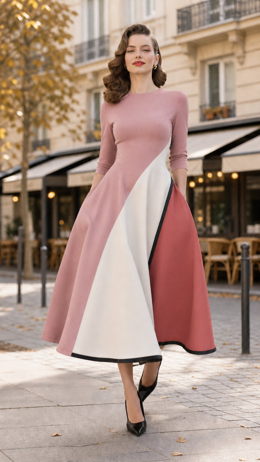 Woman wearing Dusty Pink retro colorblock flared midi dress with 3/4 sleeves