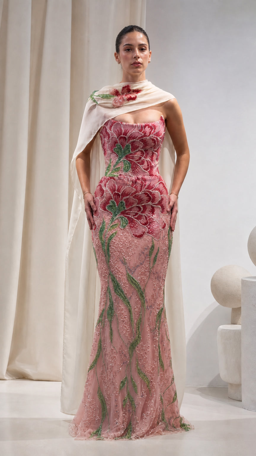 Blush Pink floral beaded mermaid evening gown with draped shoulder cape