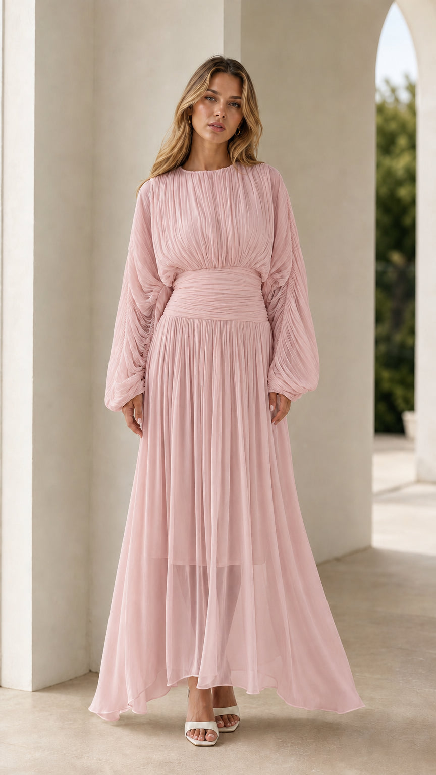 Blush pink pleated long sleeve formal maxi dress