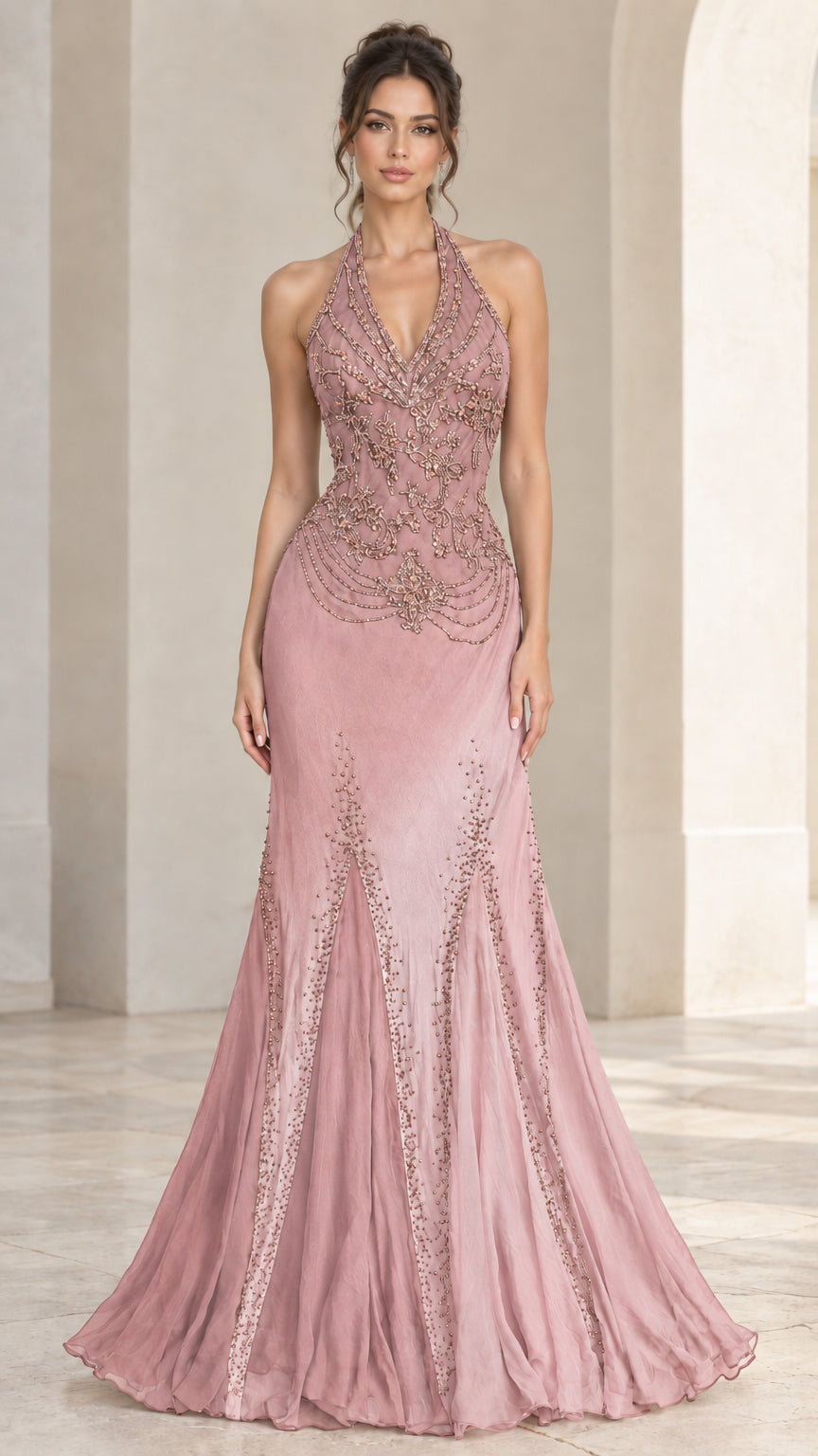 Front view of dusty pink beaded halter neck evening gown