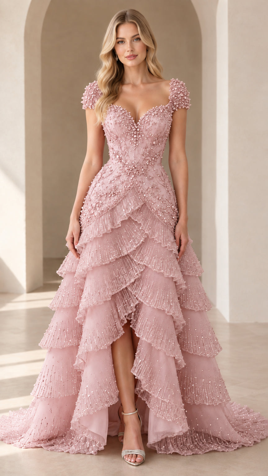 Dusty pink beaded cap sleeve high-low formal gown front view