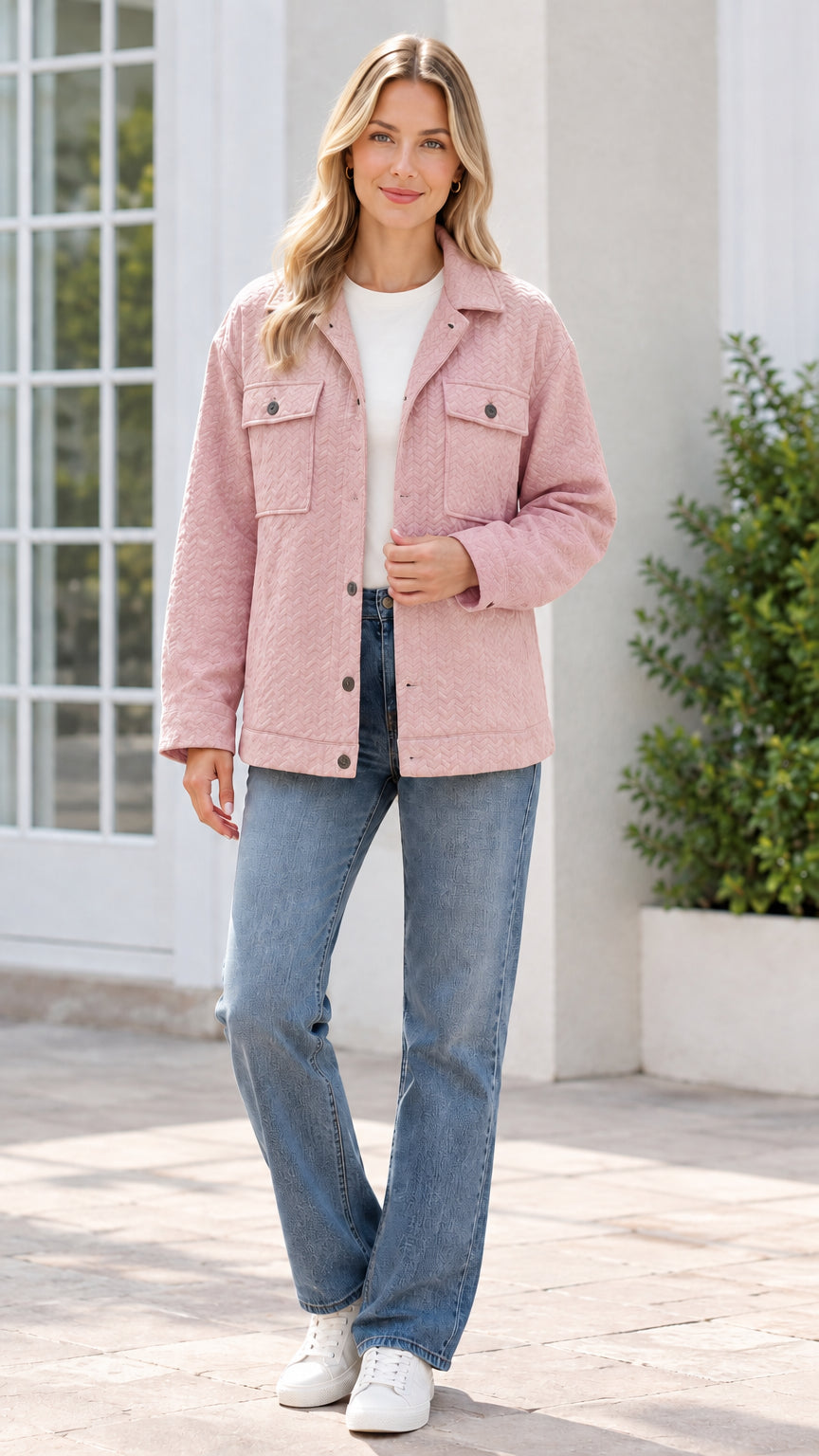 Model wearing dusty pink textured button-front shirt jacket