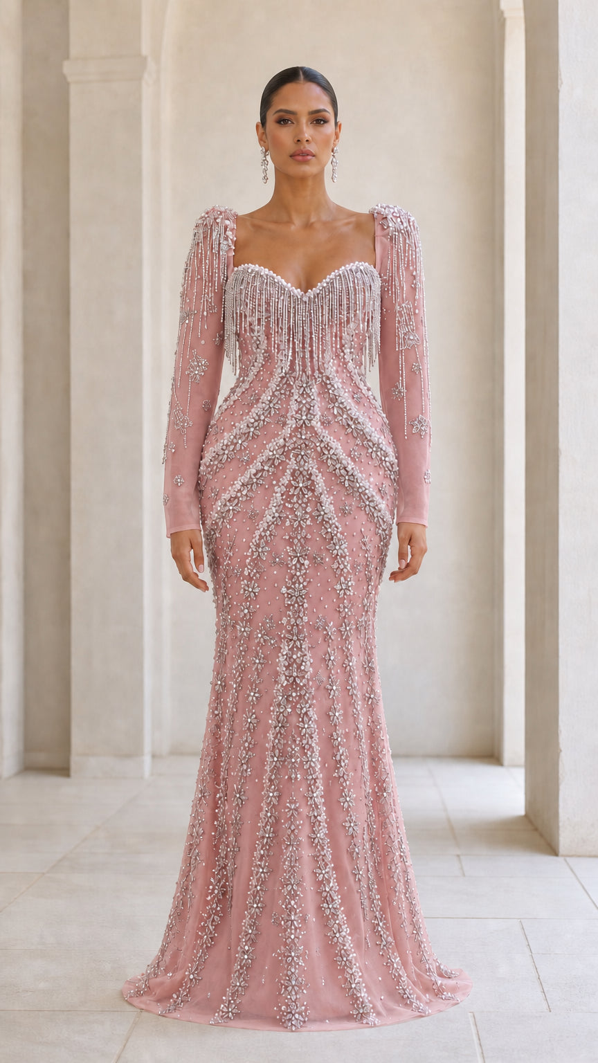 Pink beaded long sleeve mermaid evening gown front view