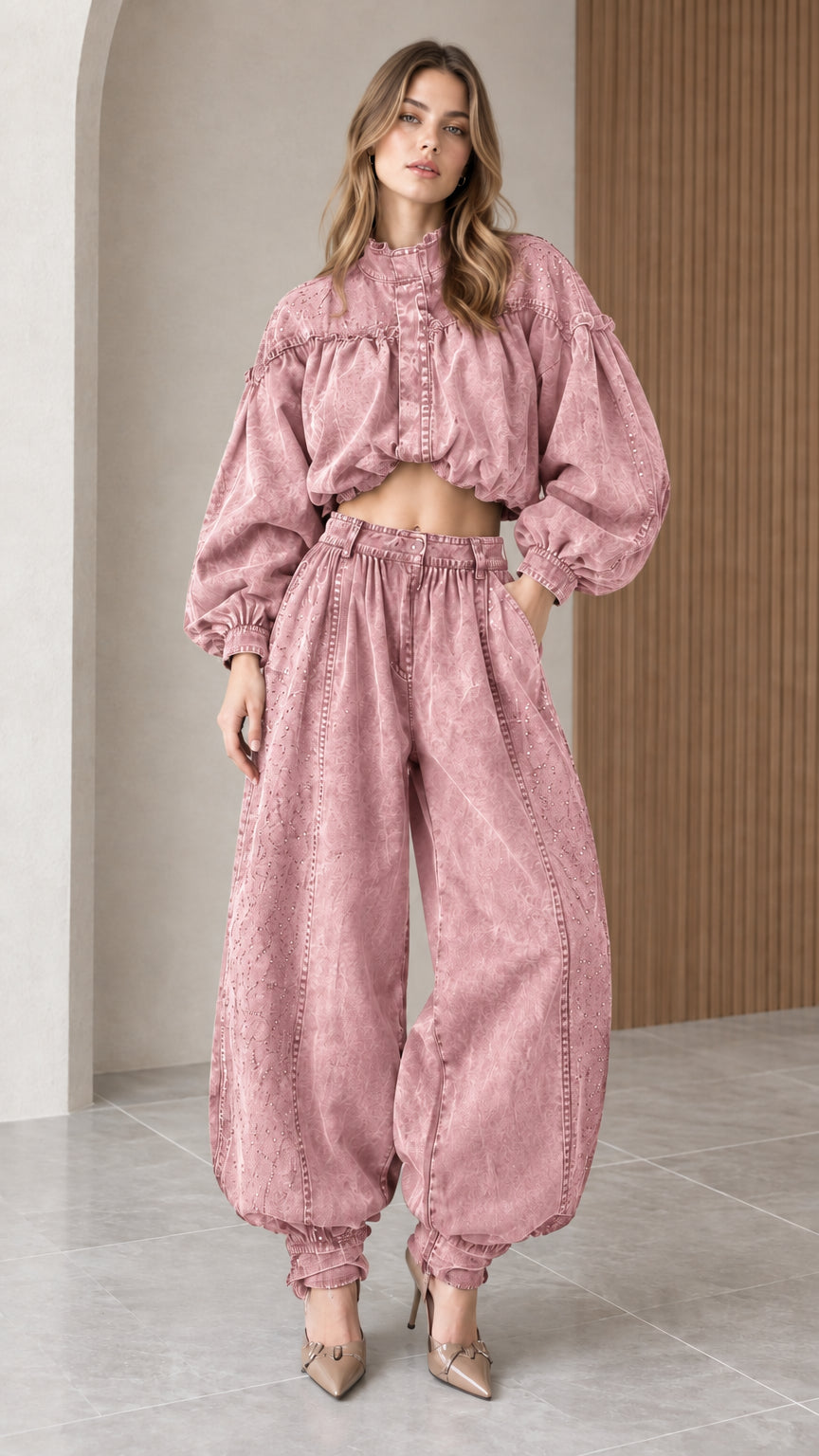 Front full-length view of the two-piece cropped top and balloon pants set in dusty pink