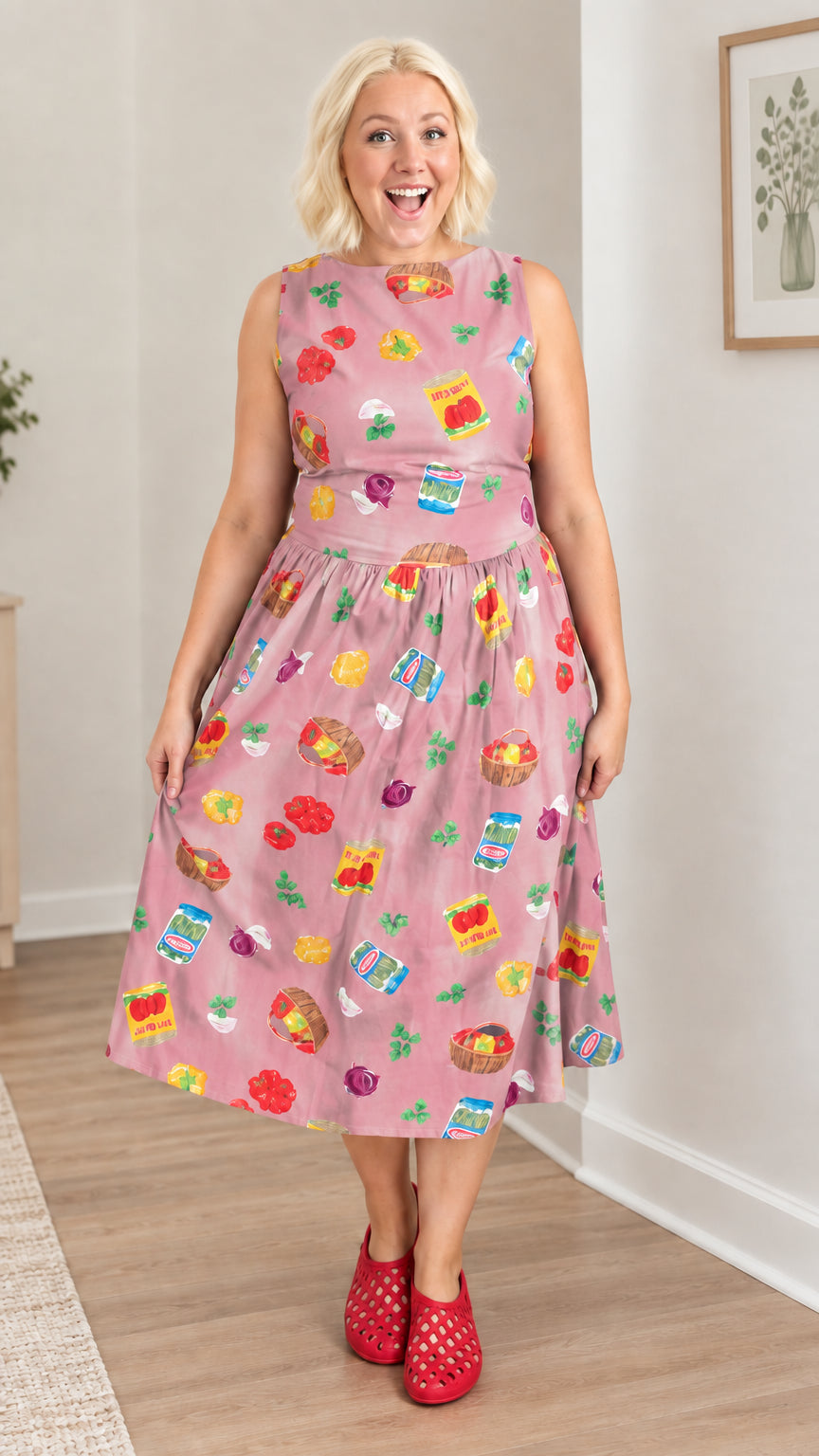 Dusty Pink retro vegetable market print sleeveless midi dress