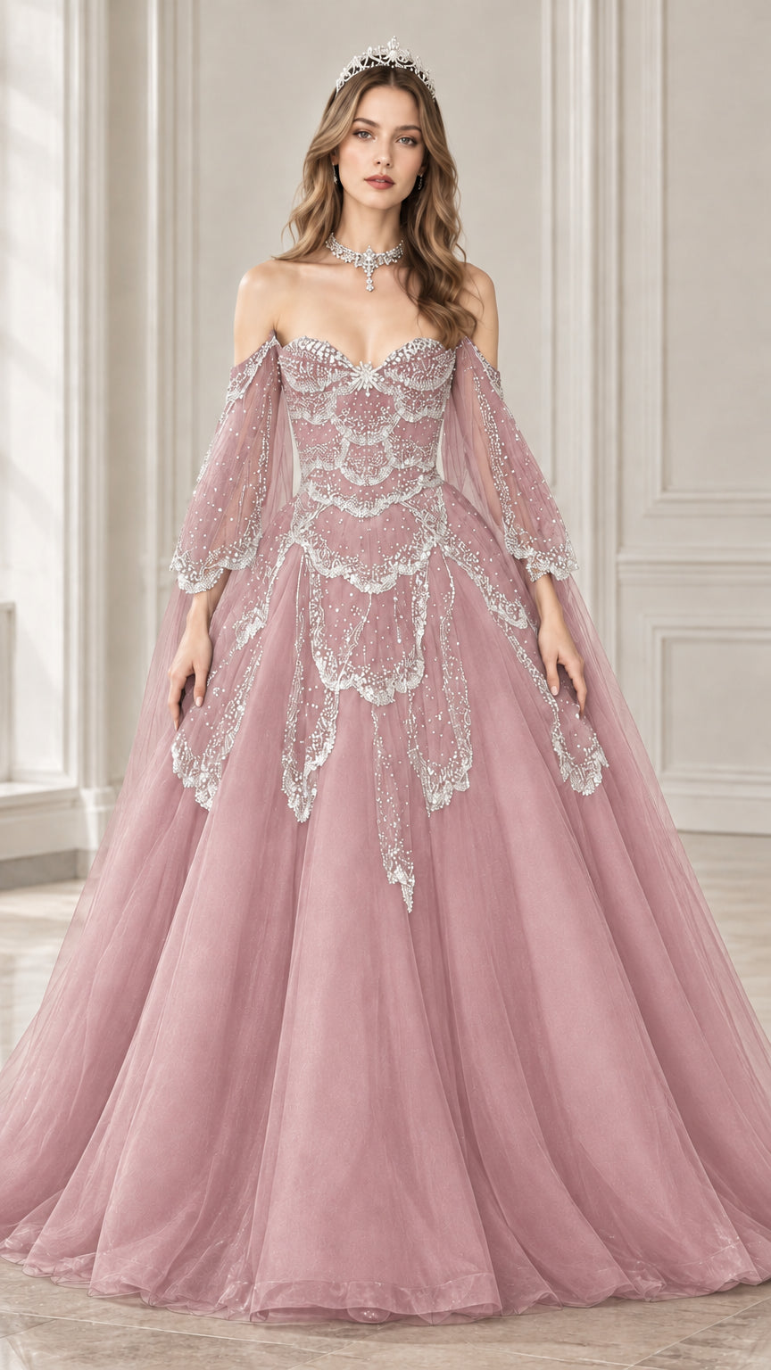 Front view of dusty pink off-the-shoulder beaded tulle ball gown
