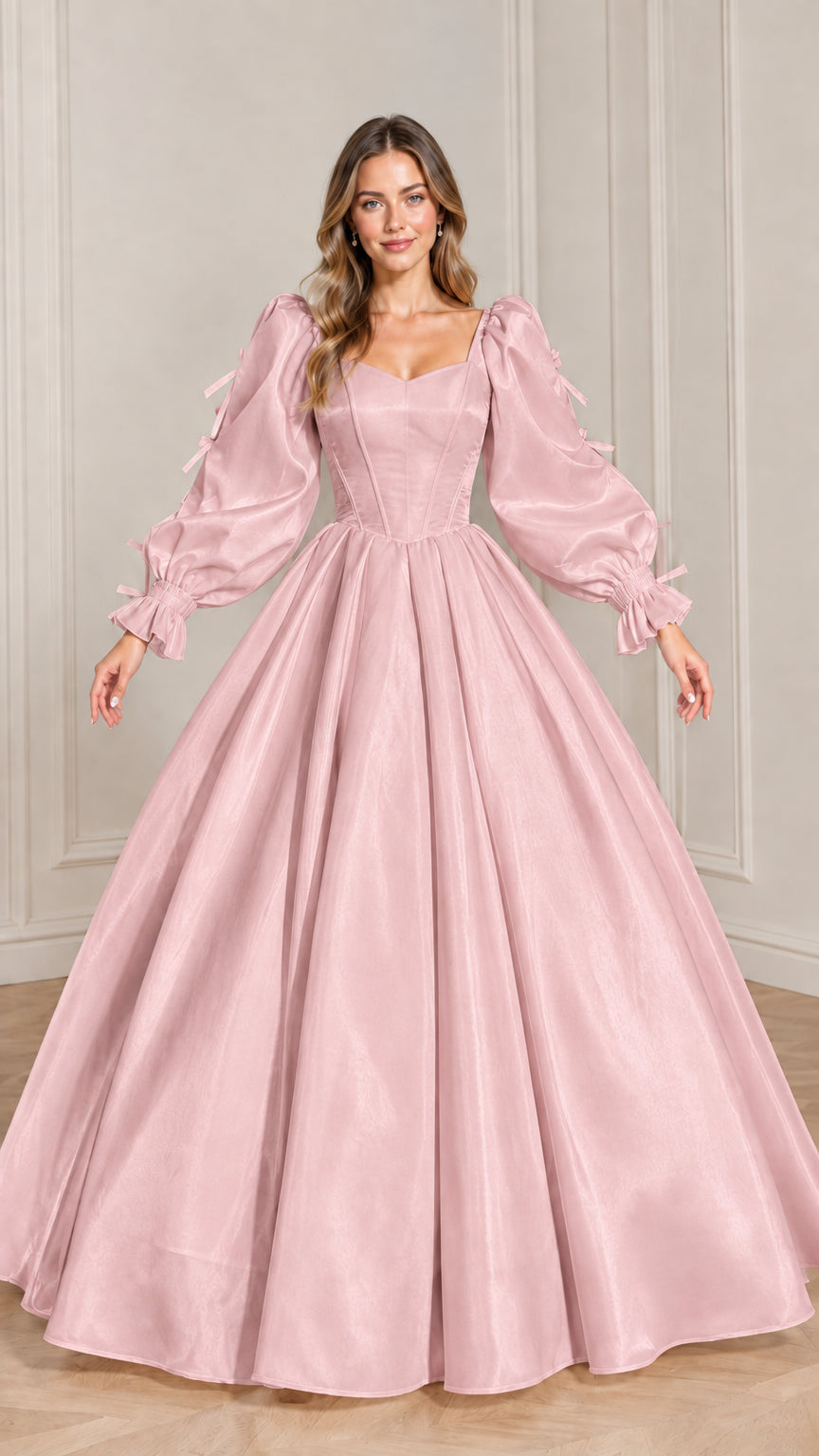 Full-length front view of pink sweetheart corset ball gown with bow sleeves