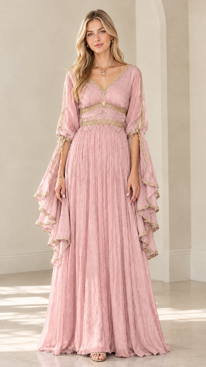 Front view of woman wearing Dusty Pink bell-sleeve maxi gown