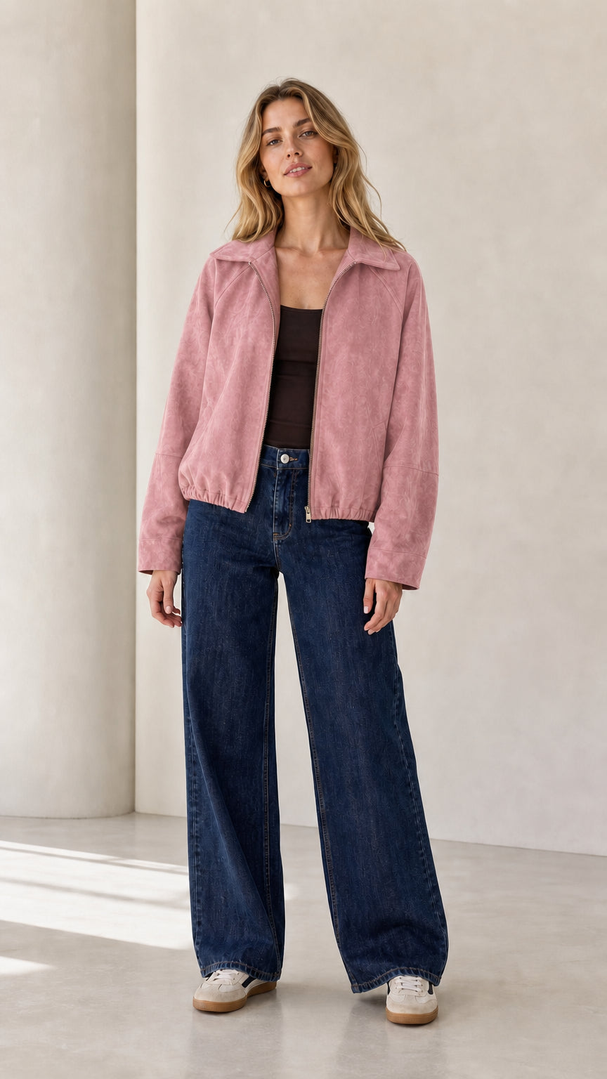 Front view of the pink cropped faux suede jacket styled with a dark tank and wide-leg jeans