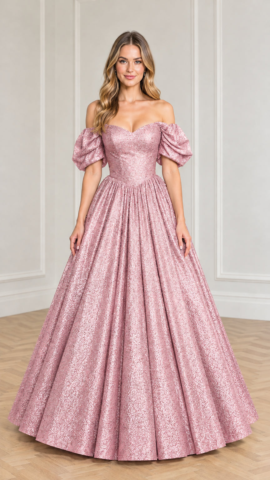 Front view of model wearing blush pink glitter off-shoulder puff sleeve ball gown