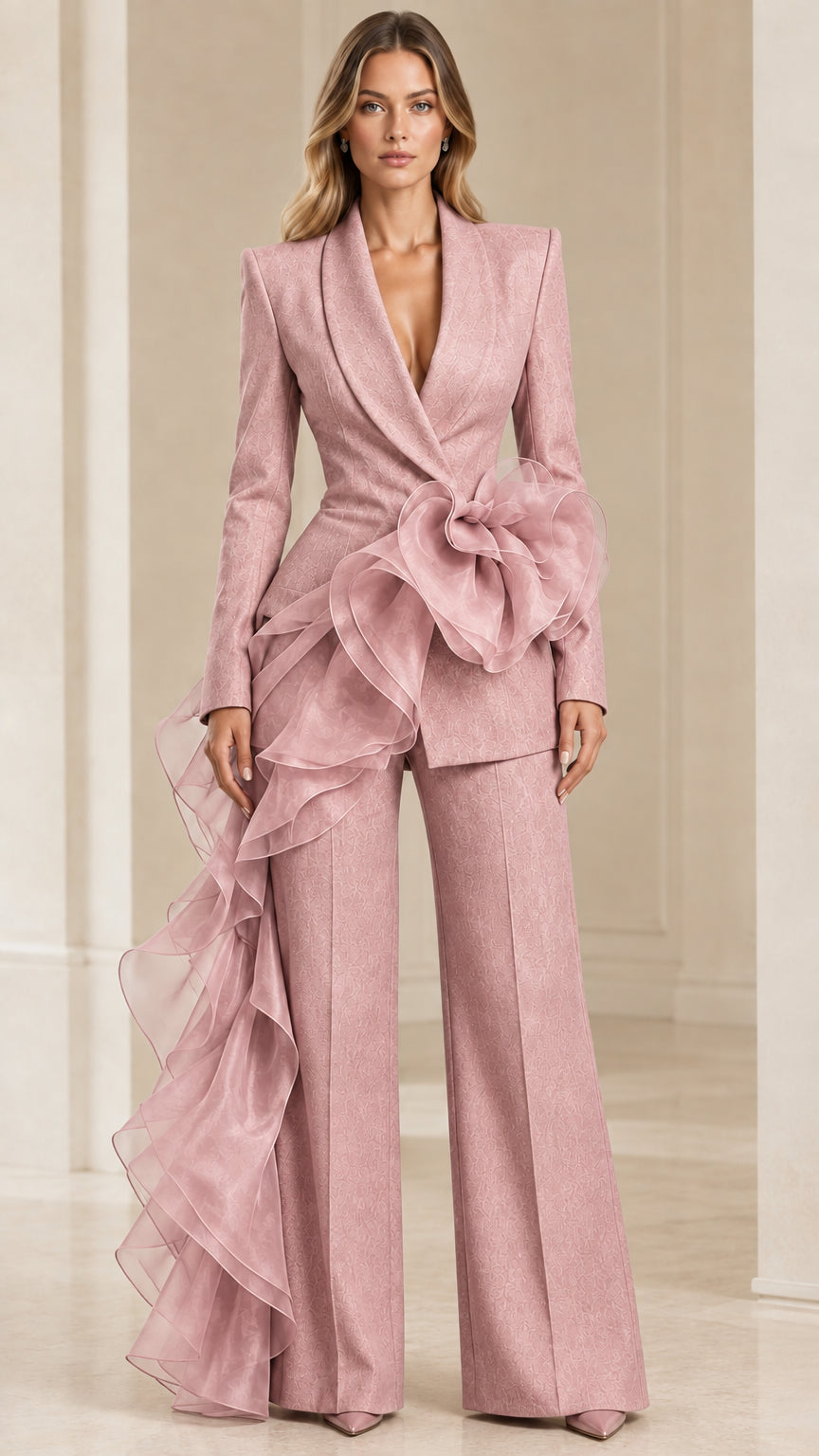 Front view of model wearing dusty pink tailored ruffle blazer and wide-leg pants set
