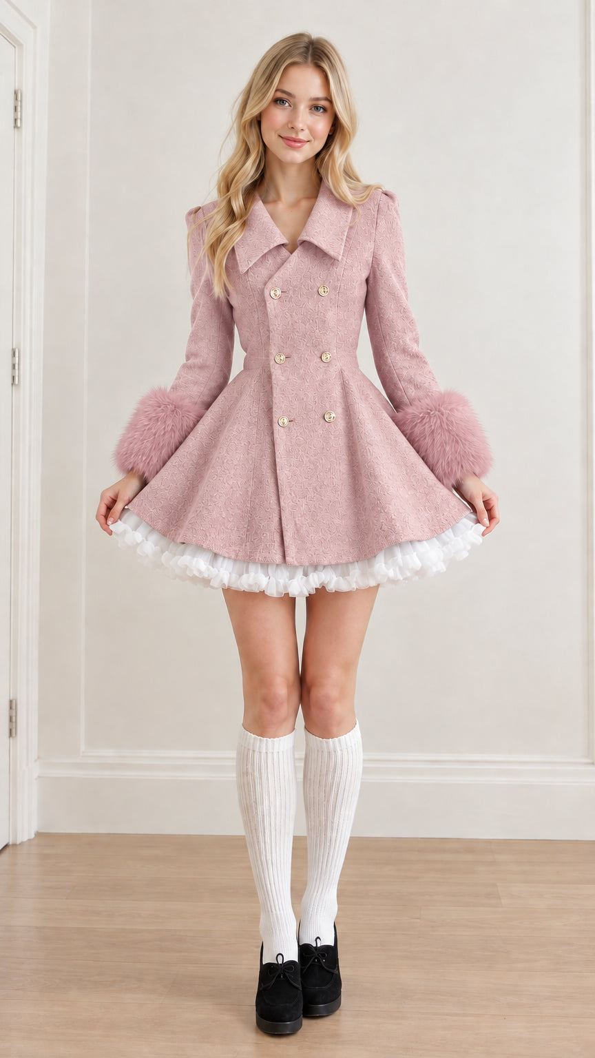 Front view of pink double breasted flared coat dress with soft pink faux fur cuffs