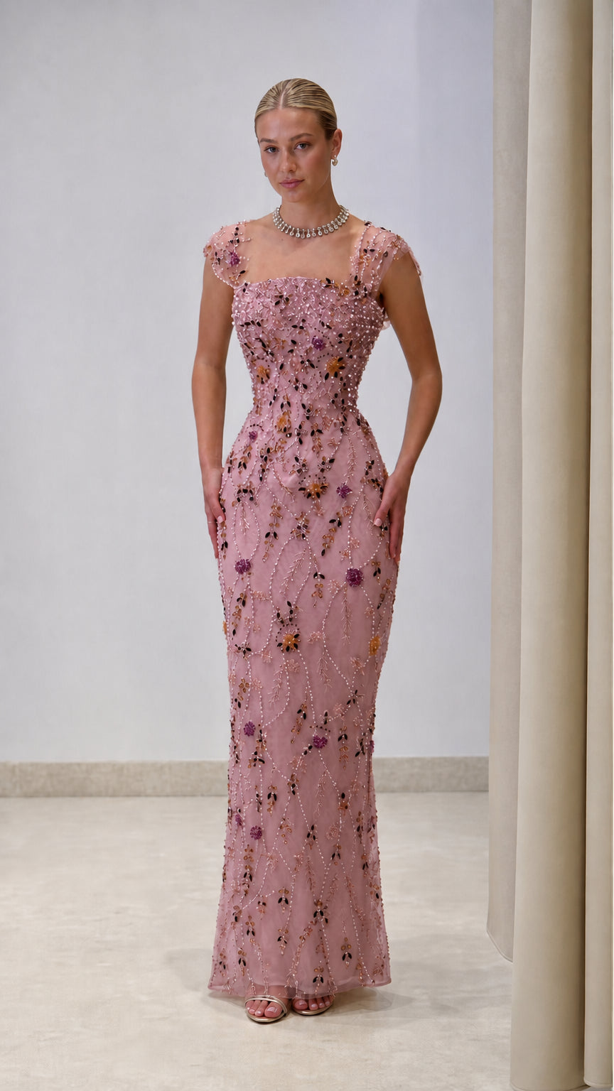 Dusty pink floral embroidered square neck formal gown