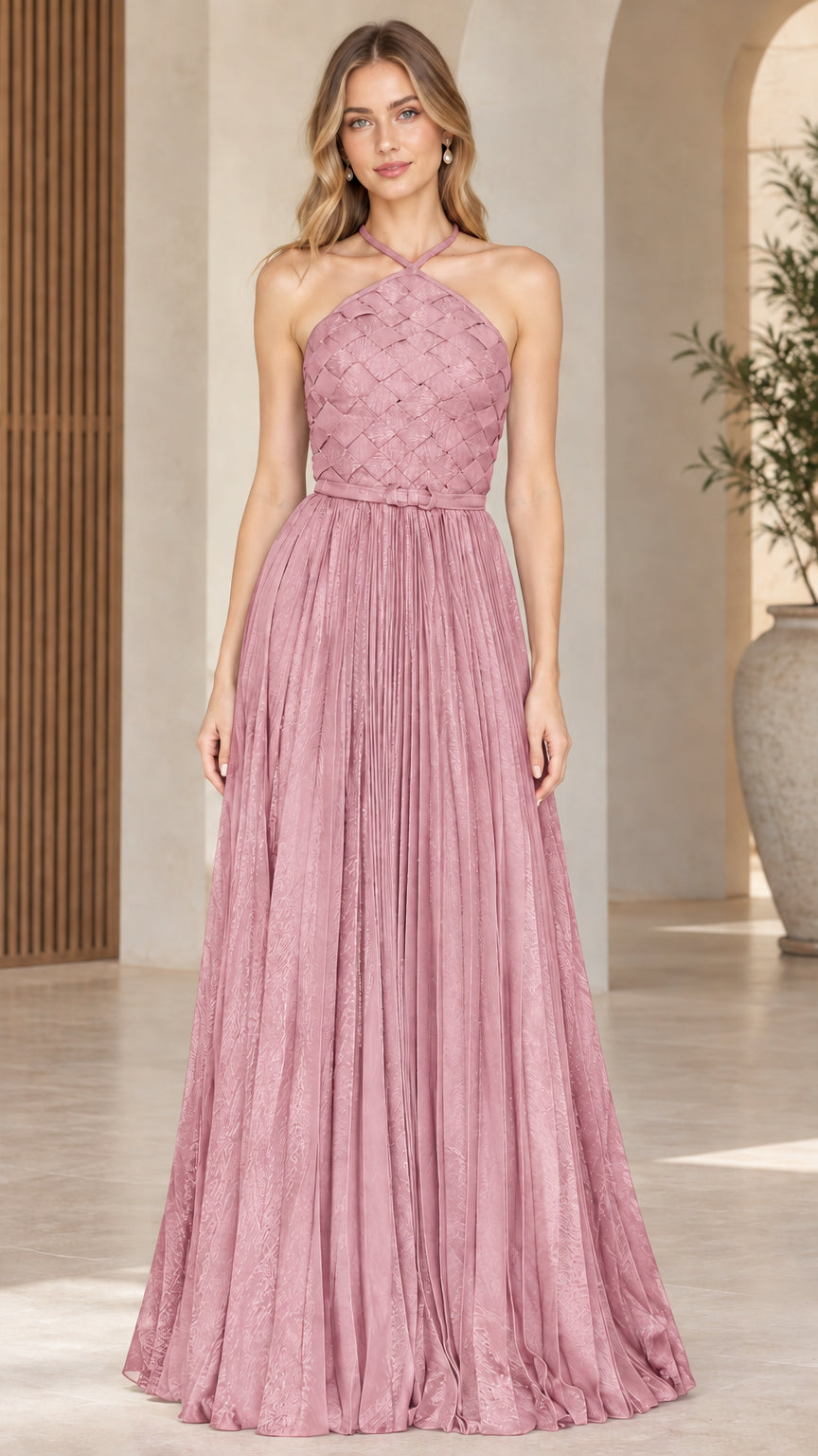 Front full-length view of Dusty Pink halter neck woven bodice pleated maxi evening dress