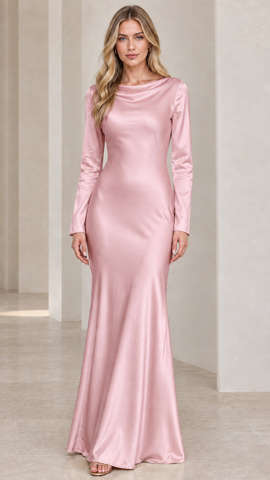 Front full-length view of model wearing blush pink long sleeve boatneck satin gown