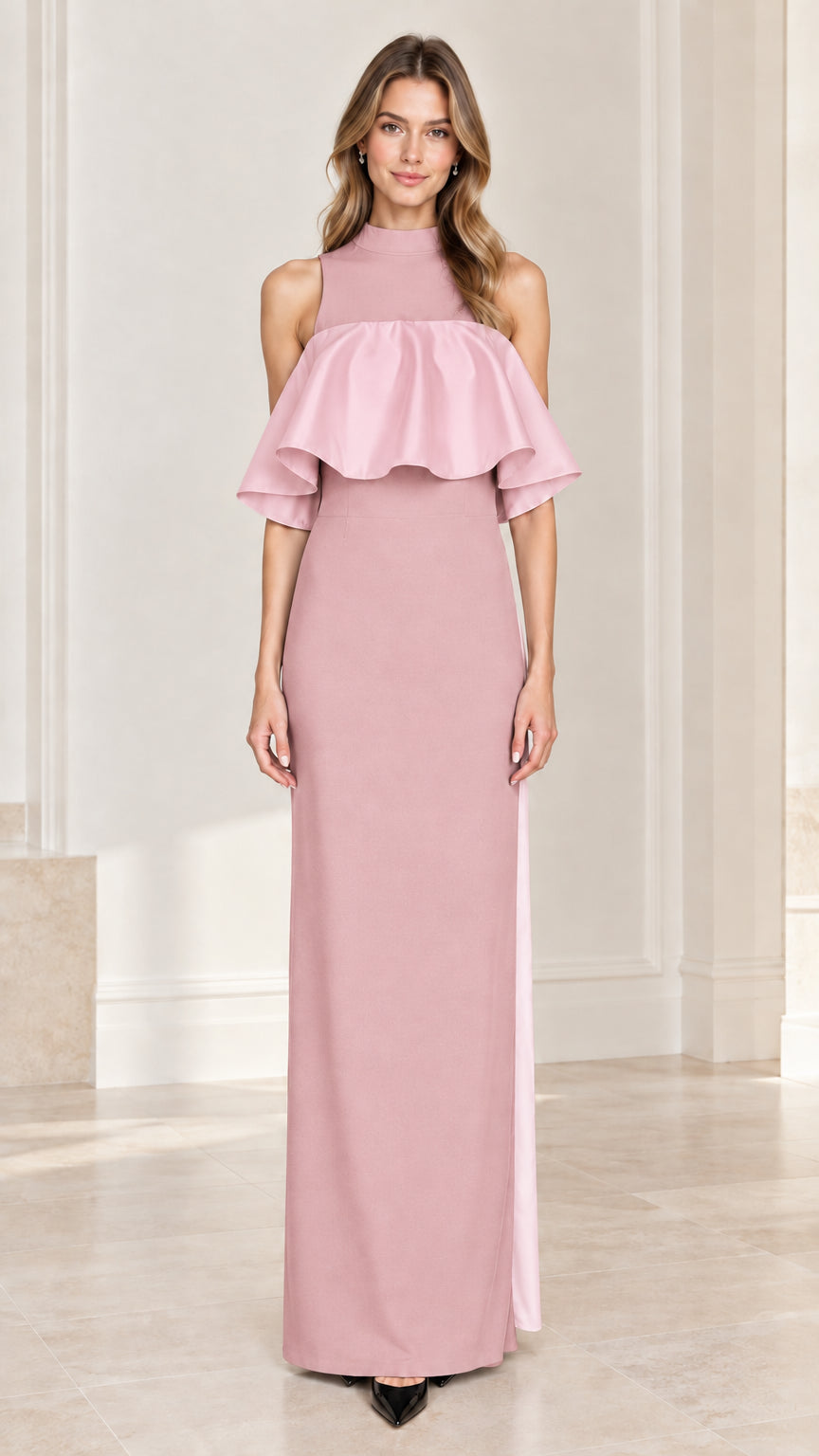 Front view of model wearing dusty pink high neck column maxi dress with tonal ruffle overlay