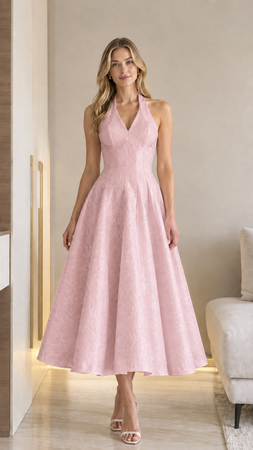 Front view of model wearing soft pink halter V-neck jacquard A-line midi dress