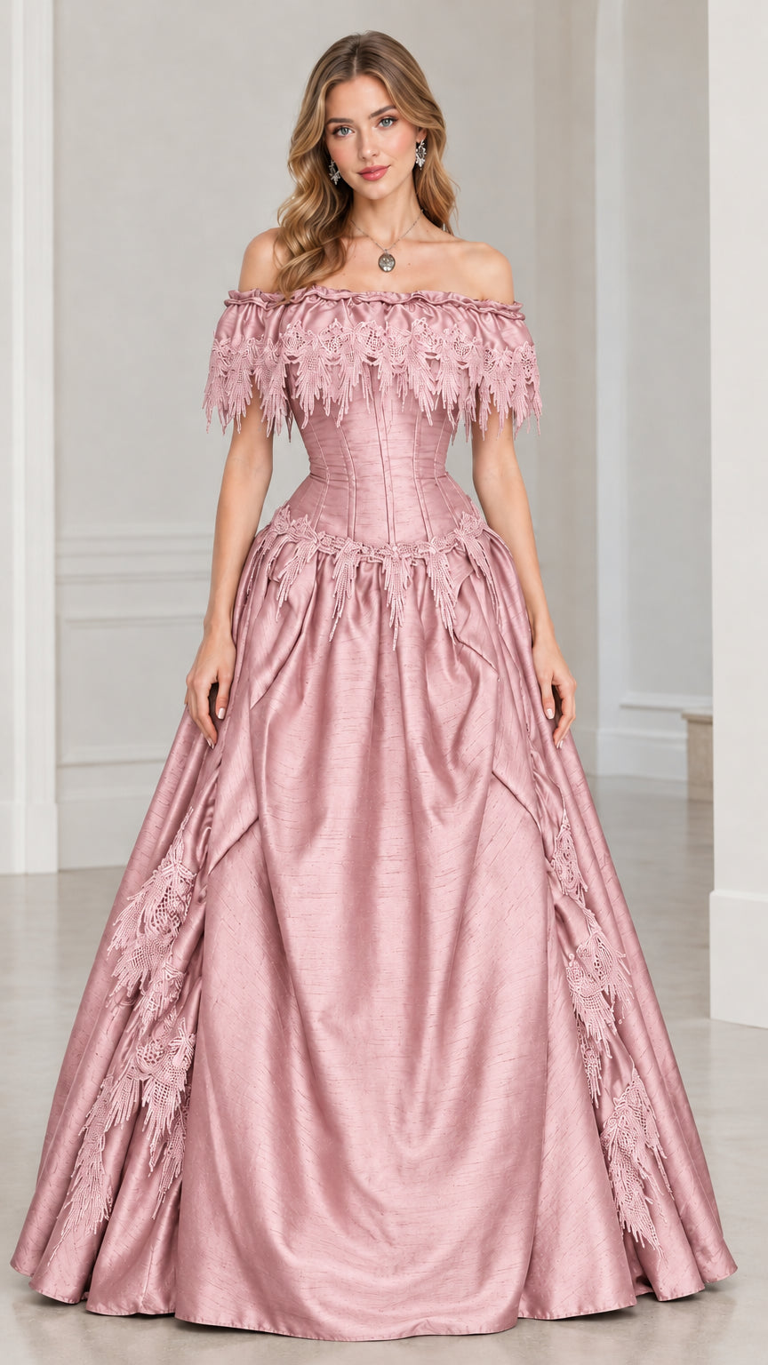 Front view of woman wearing dusty pink off-shoulder corset ball gown with lace trim