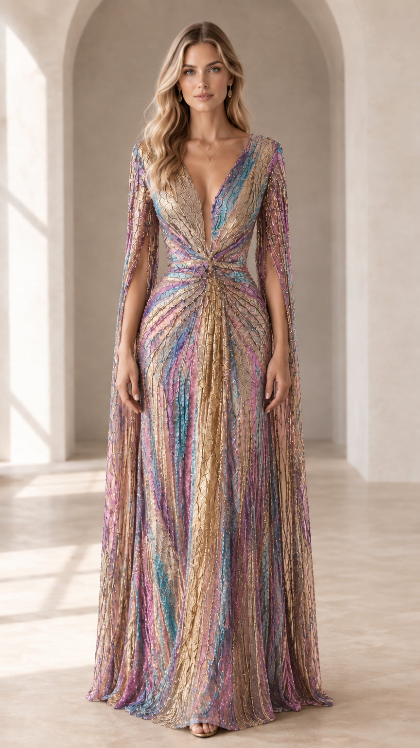 Rose Pink Multi pastel iridescent shimmer cape sleeve formal maxi gown