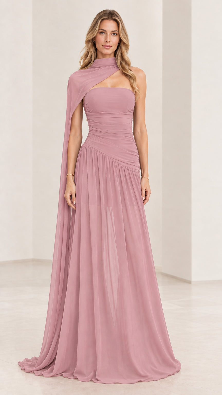 Dusty rose ruched chiffon formal maxi gown with draped cape detail
